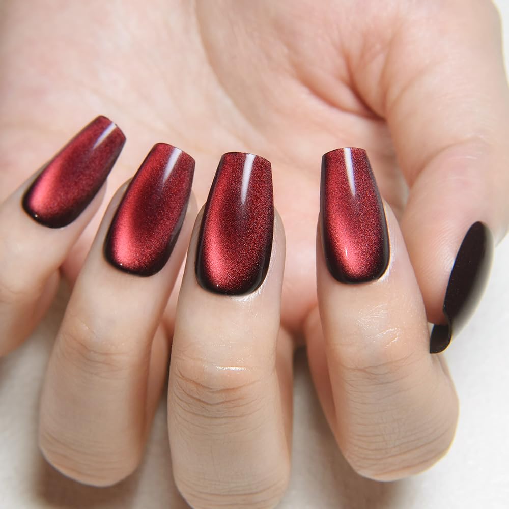 evpct Deep Burgundy Red Cat Eye Press on Nails Square Medium Coffin No Glue, Medium Square Stick on Nails for Women, Dark Red Metallic Glitter Glossy Reusable Spring Summer Press on Acrylic Fake Nail