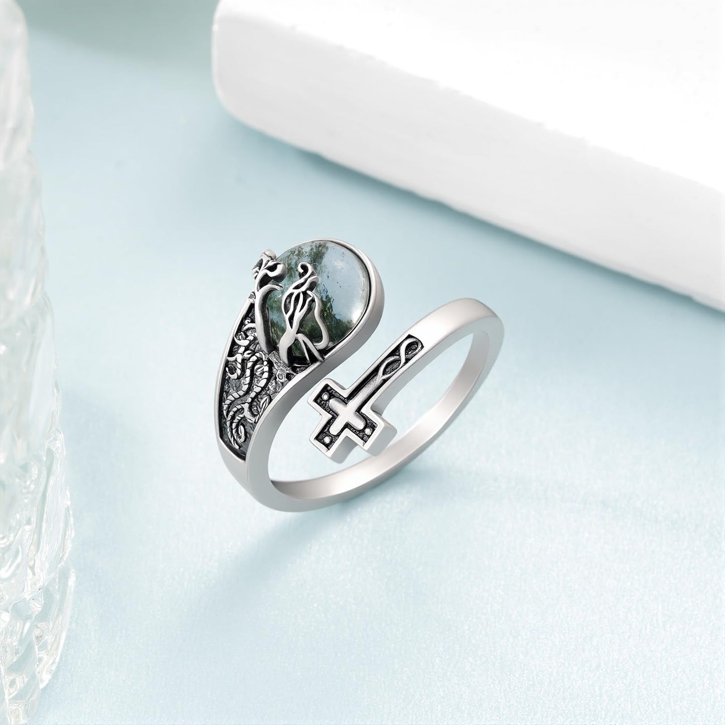 Lieditia Tree of Life Ring 925 Sterling Silver Moss Agate Cross Adjustable Rings Cross Jewelry Tree of Life Gifts for Women