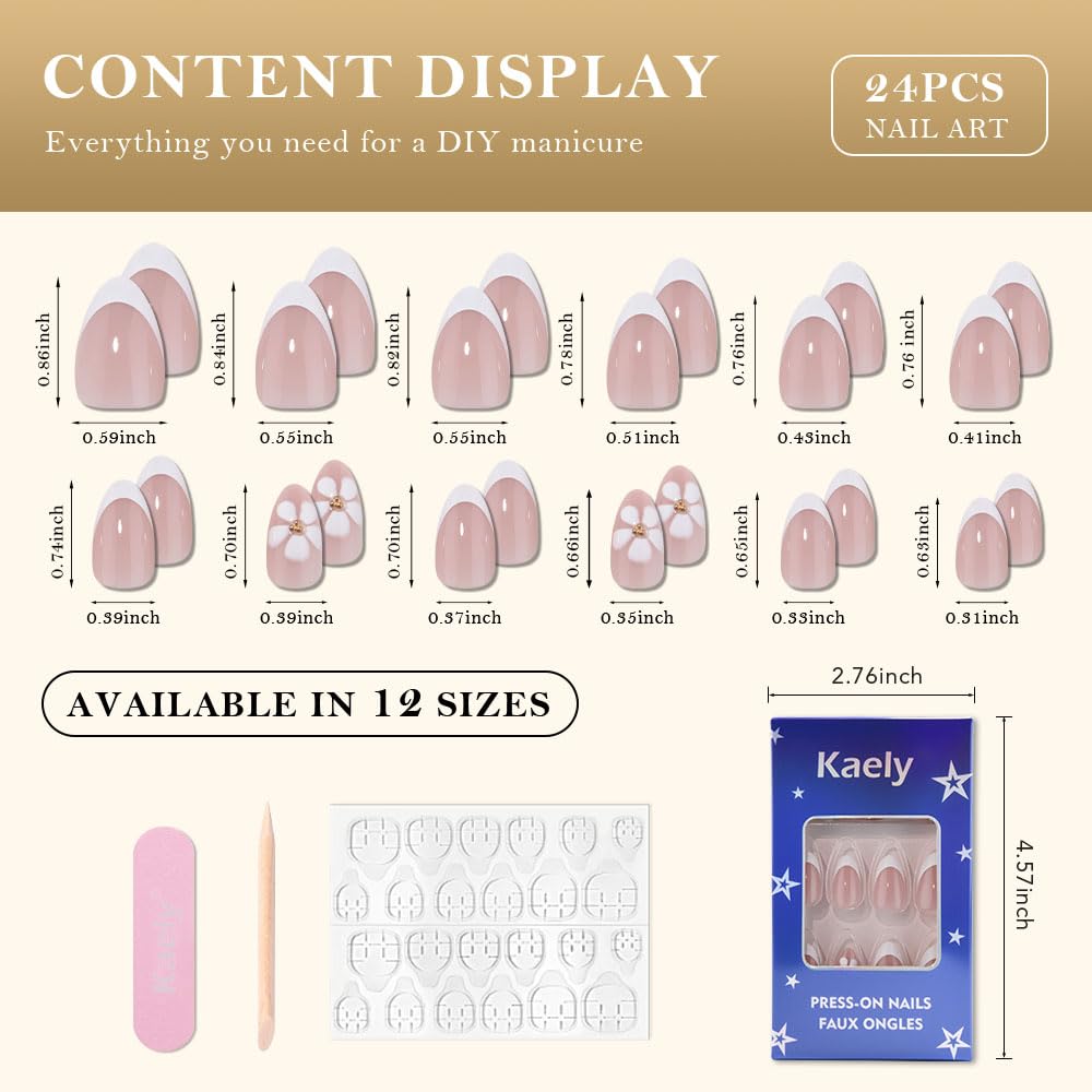 evpct French Tip Press On Nails Short Almond No Glue, Nude Wihte Tips & 3D Flowers, Glossy Short Almond Fake False Press on Nails, Soft Stick on nail Press ons with Nail Kit, Reusable Salon-quality