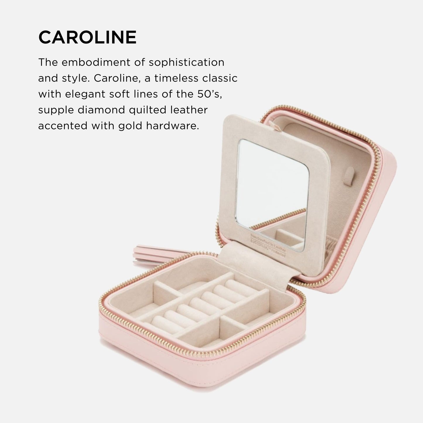 WOLF Caroline Zip Travel Case, Rose Quartz - Seven Ring Rolls, Four Compartments, Three Necklace Hooks & Pocket - Anti-Tarnish LusterLoc Lining