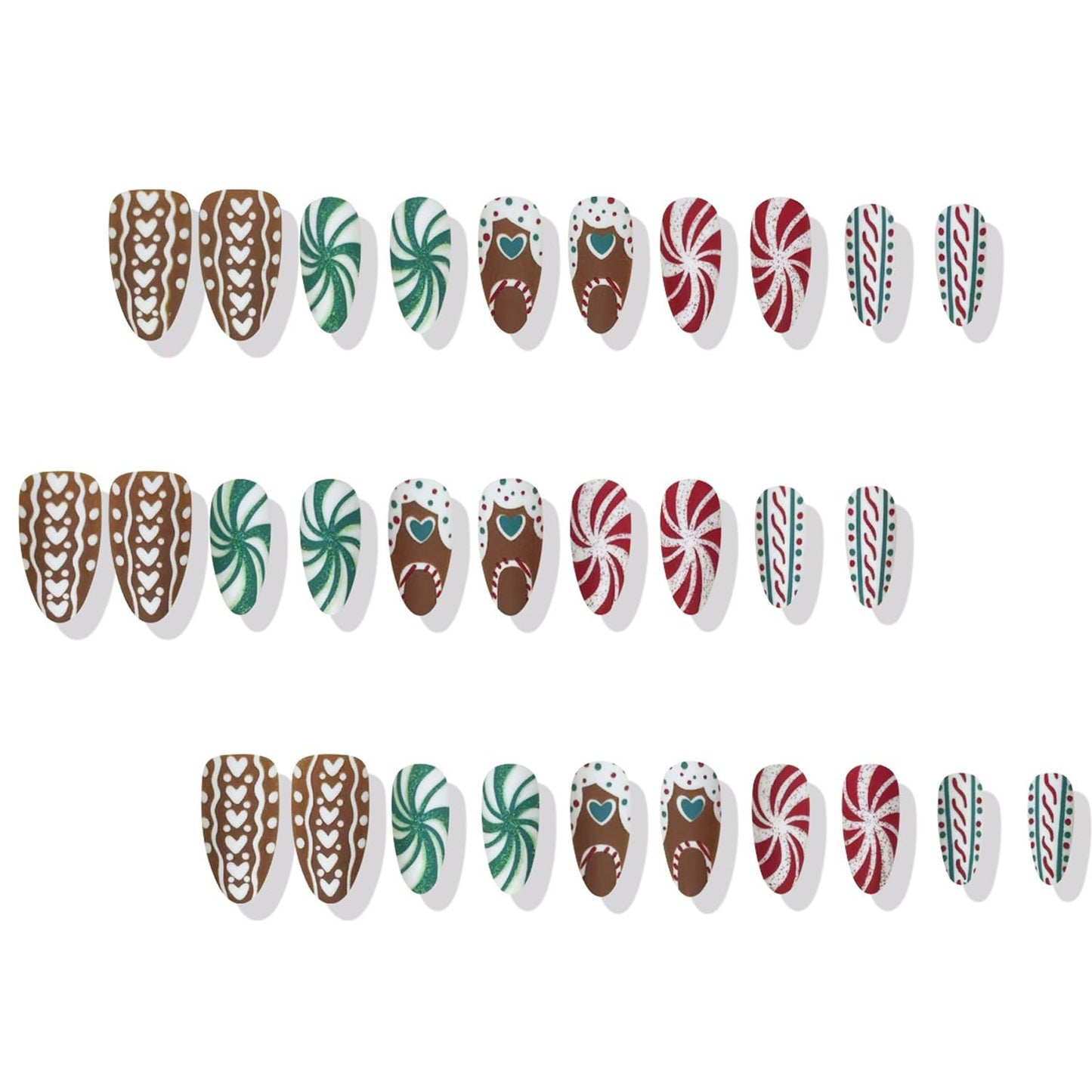 30Pcs Christmas Press on Nails Medium Almond Fake Nails Christmas Red and Green Spiral Heart Pattern Brown Striped Press on Xmas False Nails Handmade Stick on Nails for Women DIY