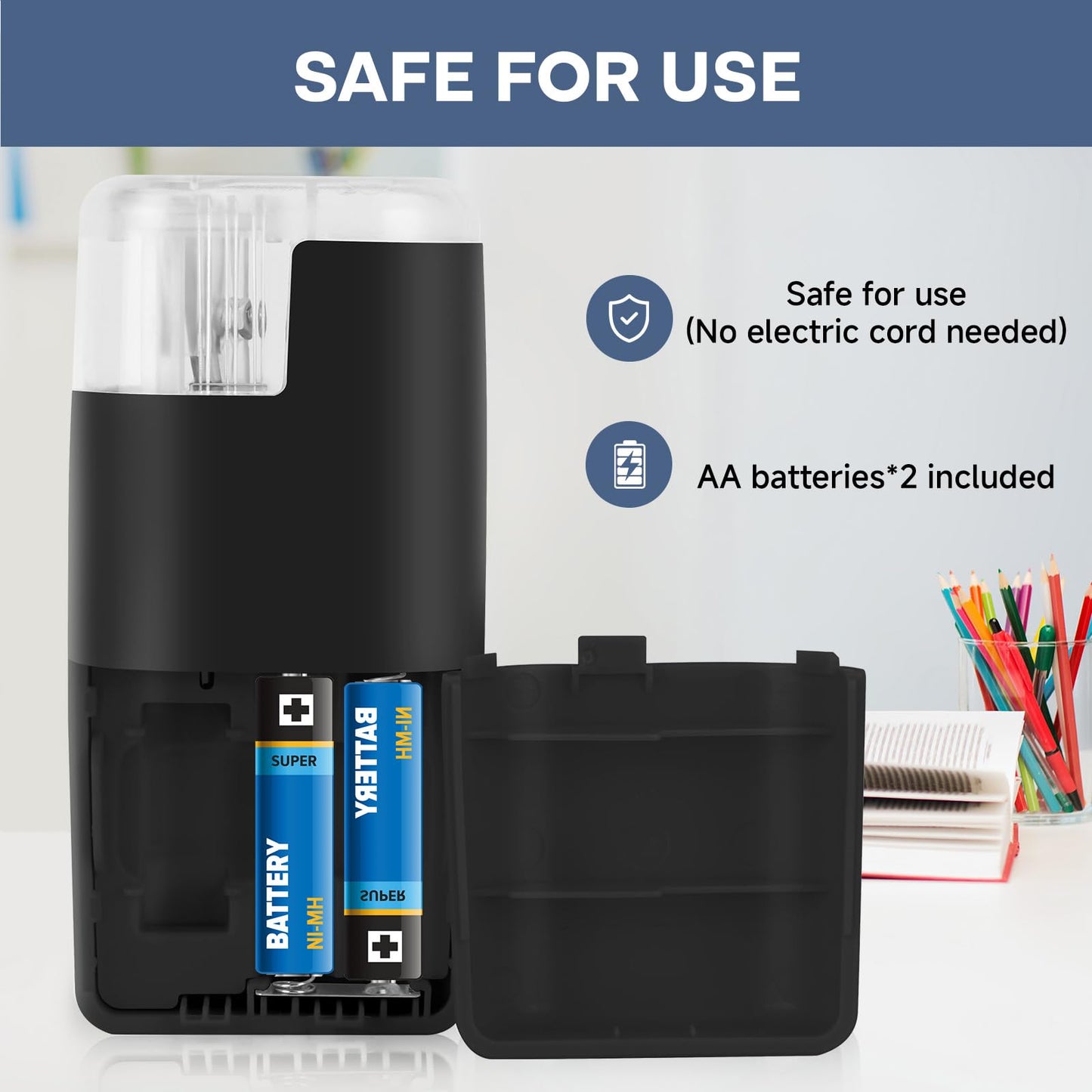 Portable Battery-Powered Electric Pencil Sharpener – Compact Design for Easy Use at Home, School, or Office – Ideal for Standard Pencils (Black)