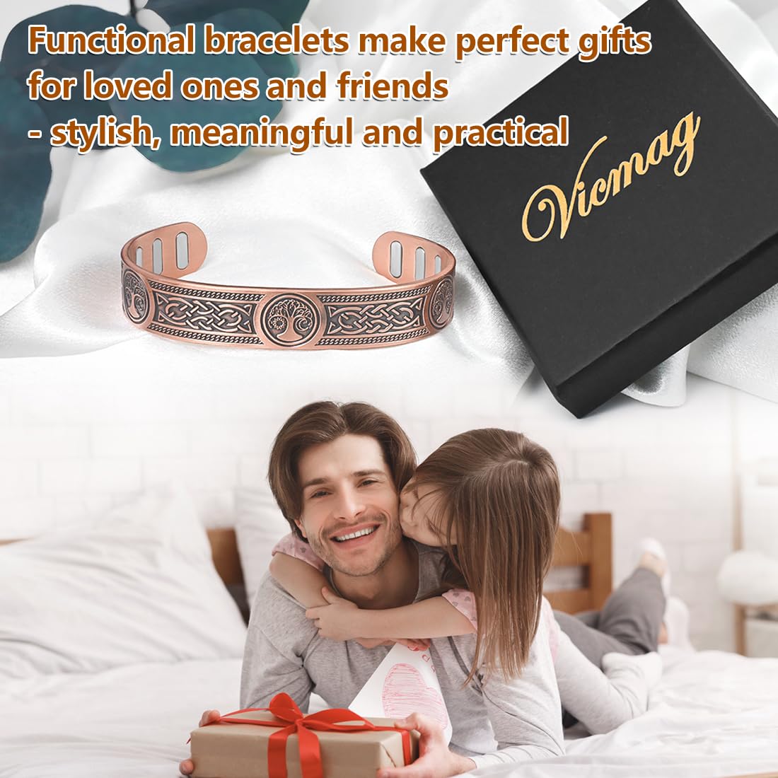 Vicmag Copper Bracelet for Men 9X Strength Magnetic 99% Pure Copper with 5000 Gauss Magnets, Tree of Life Present Box Adjustable(Viking & Sun Moon Tree)