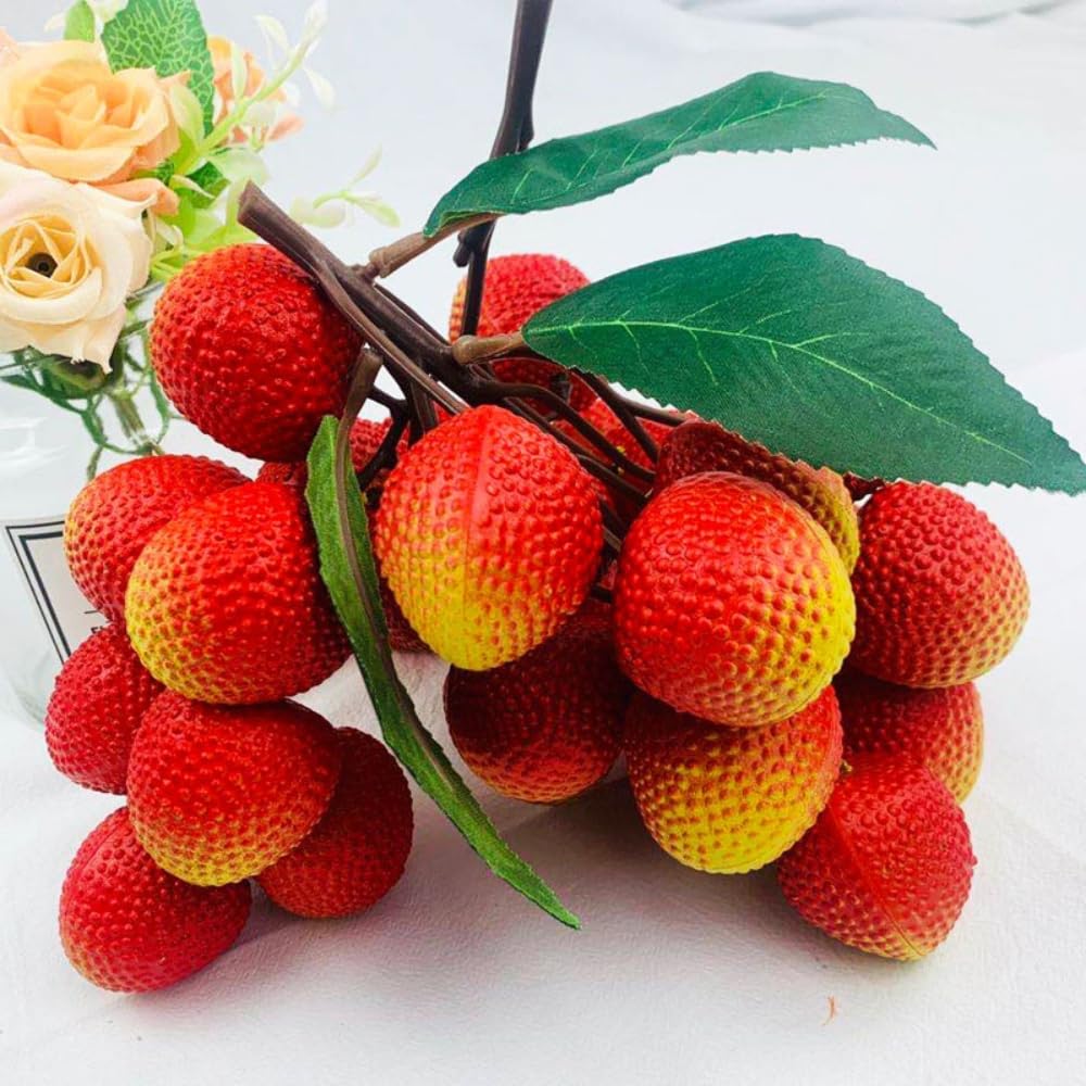 2 Bunches Artificial Lychee Fruit 7.8" Lifelike Fake Lychee with Leaves, Realistic Kitchen/Dining Table Decor, Party Decoration, Plastic Fruit Props for Photography, Display, or Cabinet Styling