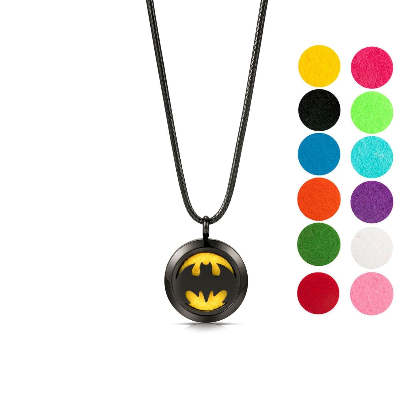 Wild Essentials Black Chrome Bat Essential Oil Diffuser Necklace, Stainless Steel Aromatherapy Locket, Black Nylon Rope, with 12 Color Pads, Customizable Color Changing Perfume Jewelry