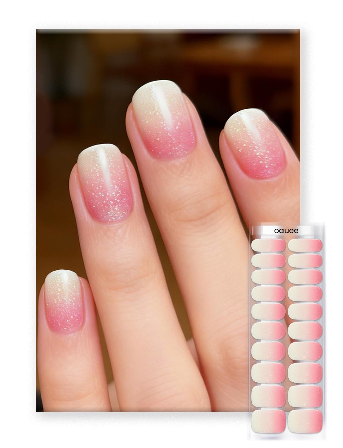 Oauee Semi Cured Gel Nail Strips | Built-In Gel Top Coat | UV Light Required | Salon Quality, Easy Application And Removal (Champagne Glimmer）