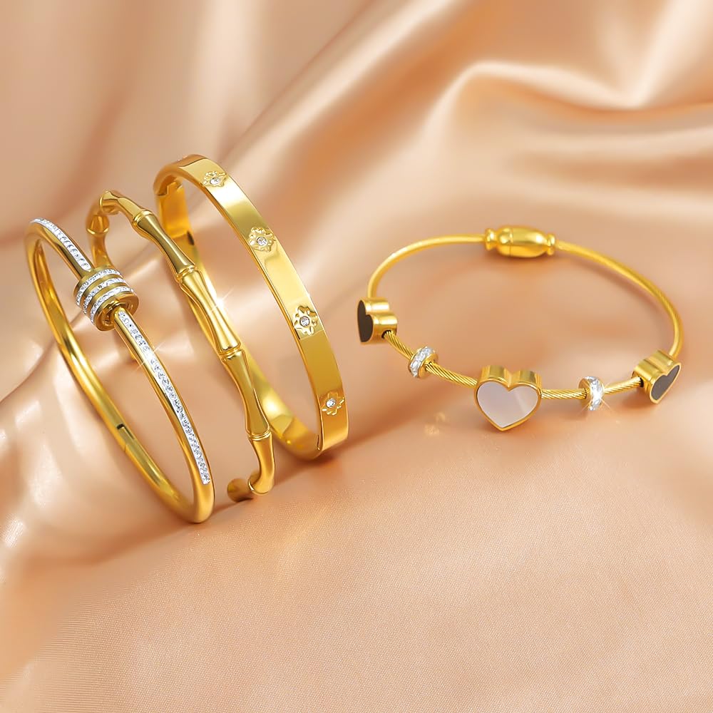 Women's 18K Gold Plated Stainless Steel Bangles & Bracelets Set White Shell Heart Roman Numerals & Cubic Zirconia Twisted Bands Waterproof Tarnish Resistant Hypoallergenic 2.3 Inches (6cm) Stackable Design (4-PC Style A)