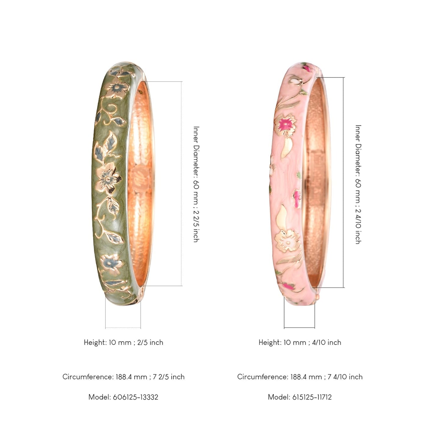 UJOY Elegant Bracelet Plated Enameled Jewelry Spring Hinge Metal Cuff Cloisonne Bangles Set Gift Box Packed 55A82-55A111 Green Pink