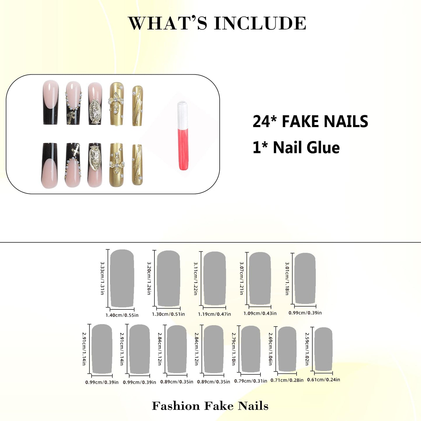IMRAIN Press on Nails Long Square Fake Nails Black French Tips False Nails with Gold Chrome, Golden Charms Designs Full Cover Luxury Glossy Acrylic Glue on Nails