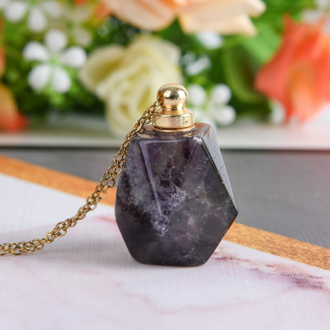 YGLINE Amethyst Crystal Necklace Gemstone Perfume Bottle Necklace Diffuser for Women(Amethyst)