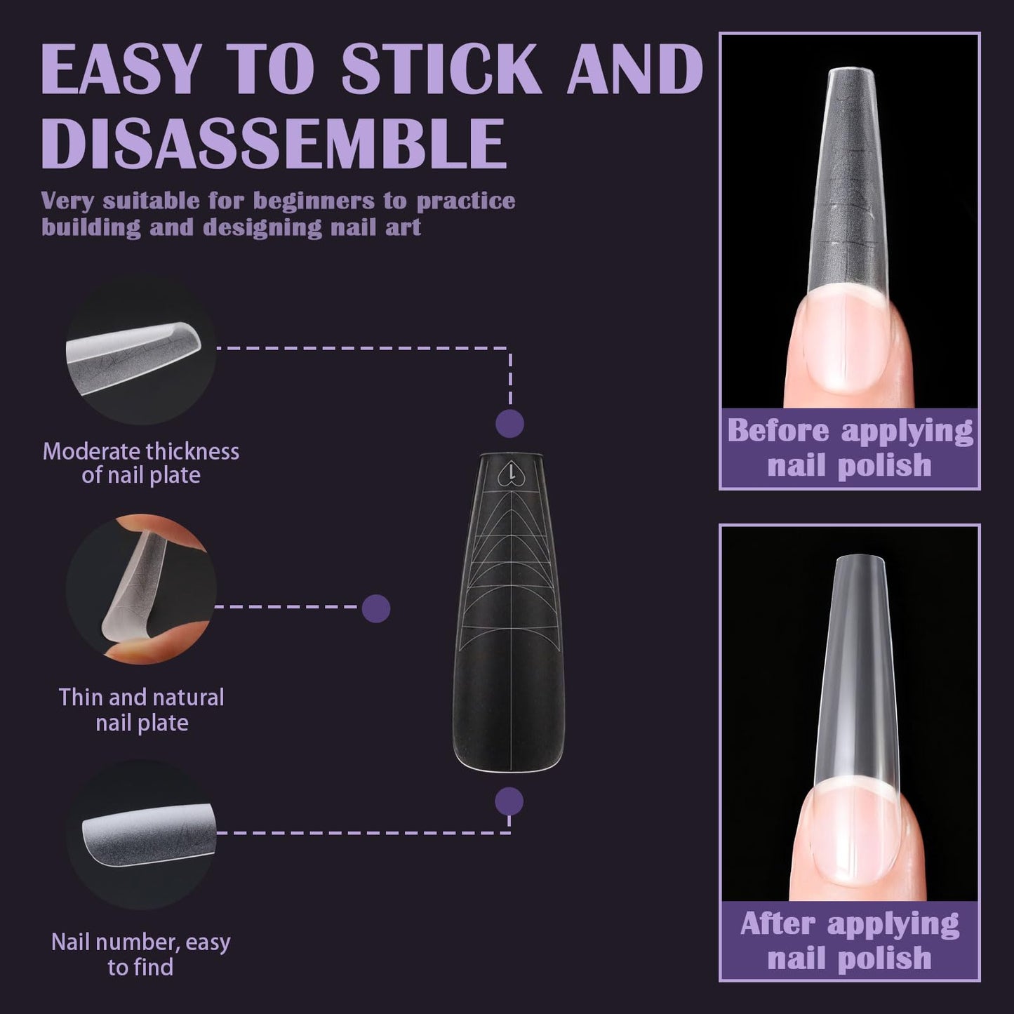 Realand 600 Pack Long Coffin Nail Tips with Guiding Line, 8 Shapes with 12 Sizes, Clear False Acrylic Nail Tips Ballerina Matte Extensions Full Cover with Case for Salon and DIY