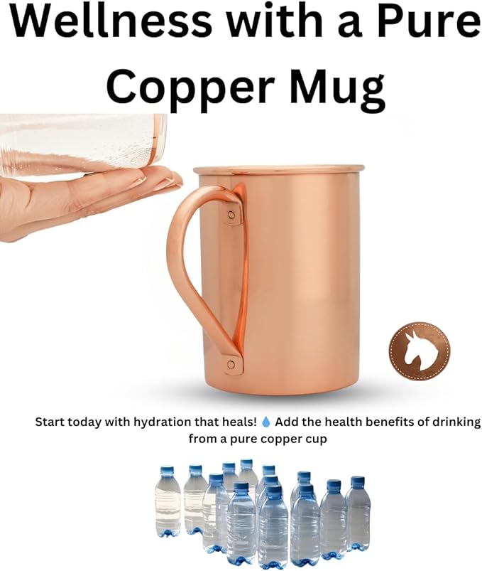 Copper Mules PURE Copper Mug RAW Copper Interior Ideal for Ayurvedic Health Benefits and Moscow Mules - Straight Smooth Finish - Authentic and Strong Riveited Handle - Holds 16oz