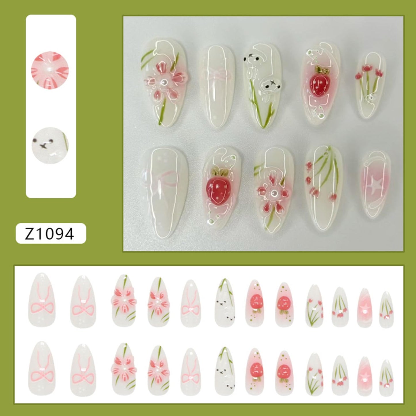 CJDLTS Flower Press on Nails Medium Almond Shaped 3D Cute Floral Blush Strawberry with Glossy Rabbit Pearl Stick on Nails Full Cover Artificial Acrylic Fingernails Glue on Nail for Women Manicure