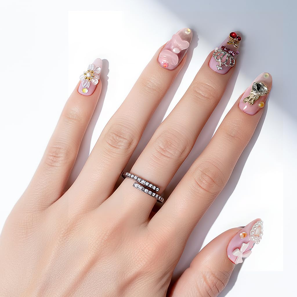 24Pcs Handmade Press on Nails,3D Pink Bow Medium Length Almond Shape Fake Nails with White Flower,Cute Manicure Kit for Women and Girls