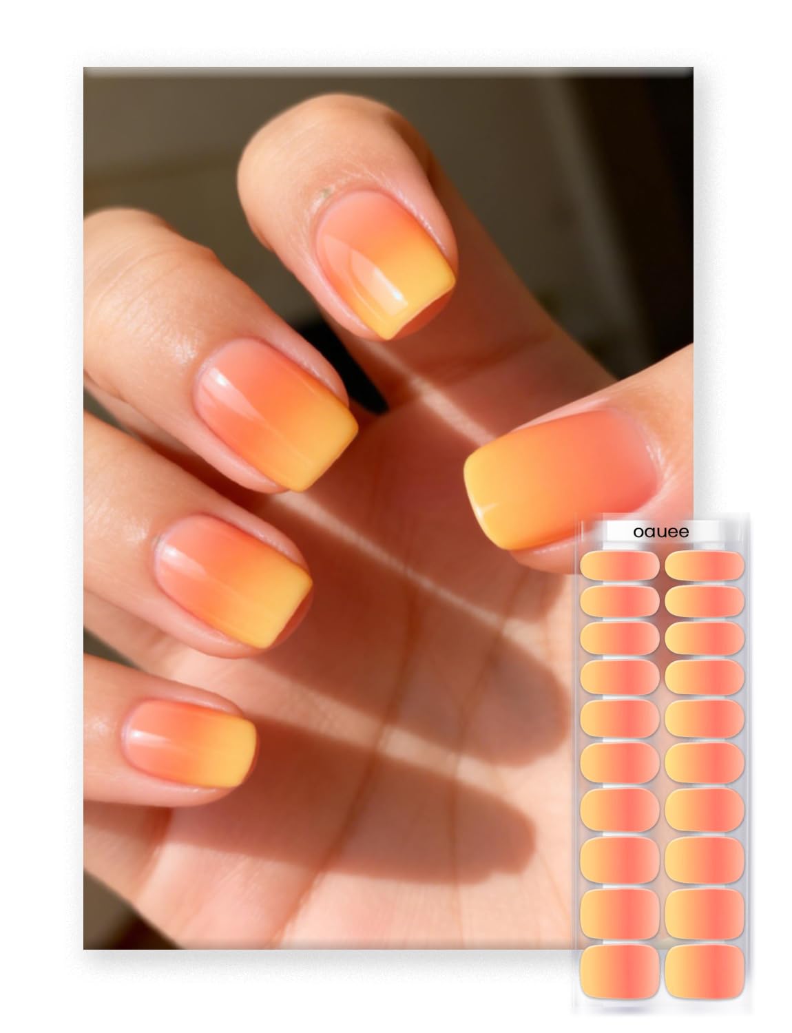 Oauee Semi Cured Gel Nail Strips | Built-In Gel Top Coat | UV Light Required | Salon Quality, Easy Application And Removal (Sunset Ember）
