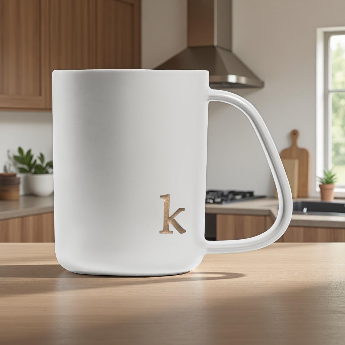 COLLECTIVE HOME - Ergonomic Handle Ceramic Mug, 15 oz Personalized Coffee Cup with Golden Initial, Microwave & Dishwasher Safe, Elegant Monogram Tea Mug in Gift Box for Home & Office (White-k)