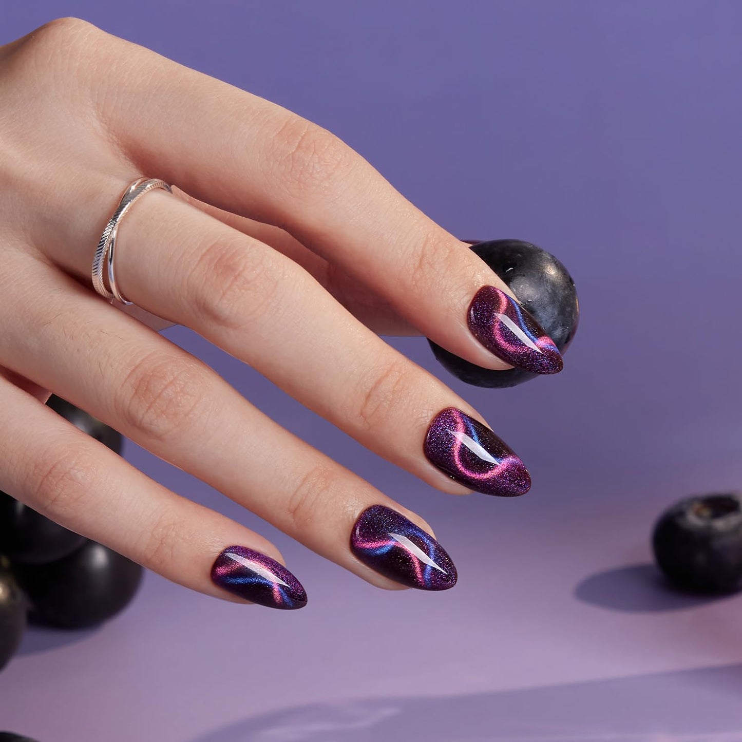 VSALON Press on Nails Short Almond - Cat Eye Dark Purple Shimmer Nails Kit for Women, Blue Pink Ribbon Shining Reusable Opaque Salon Quality Glue on Nails - 32 PCS 16 Sizes