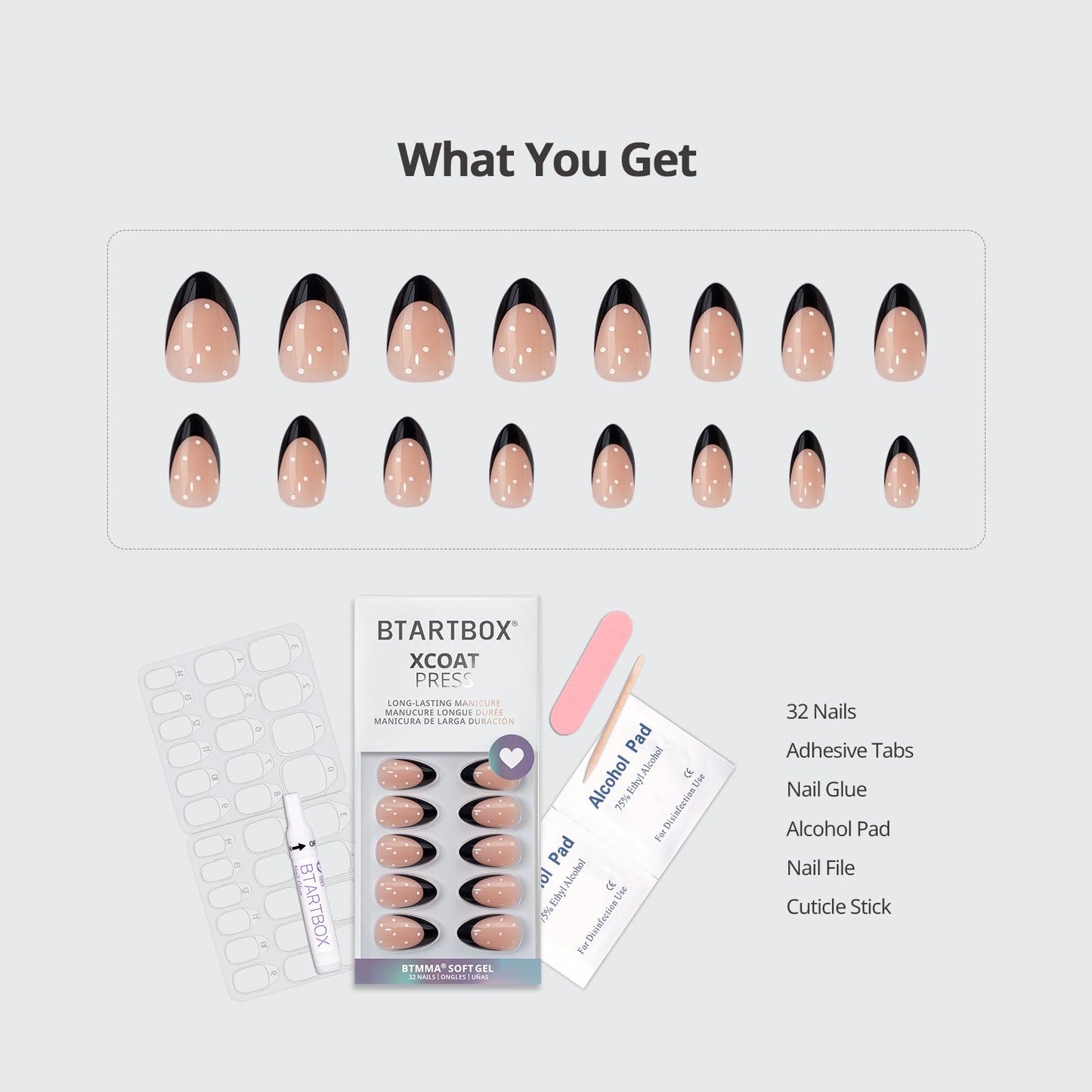 BTArtbox Press On Nails Short - Dot Couture, Lamp-Curable Almond Black French Tip Press On Nails with Glue and Adhesive Tabs for Women, Soft Gel Glue On Nails in 16 Sizes - 32 Stick On Nails Kit