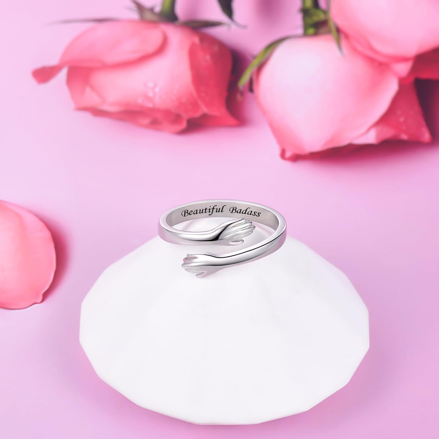 ACJFA S925 Sterling Silver Hug Ring for Women Adjustable Thumb Ring Birthday Gifts (Beautiful Badass)