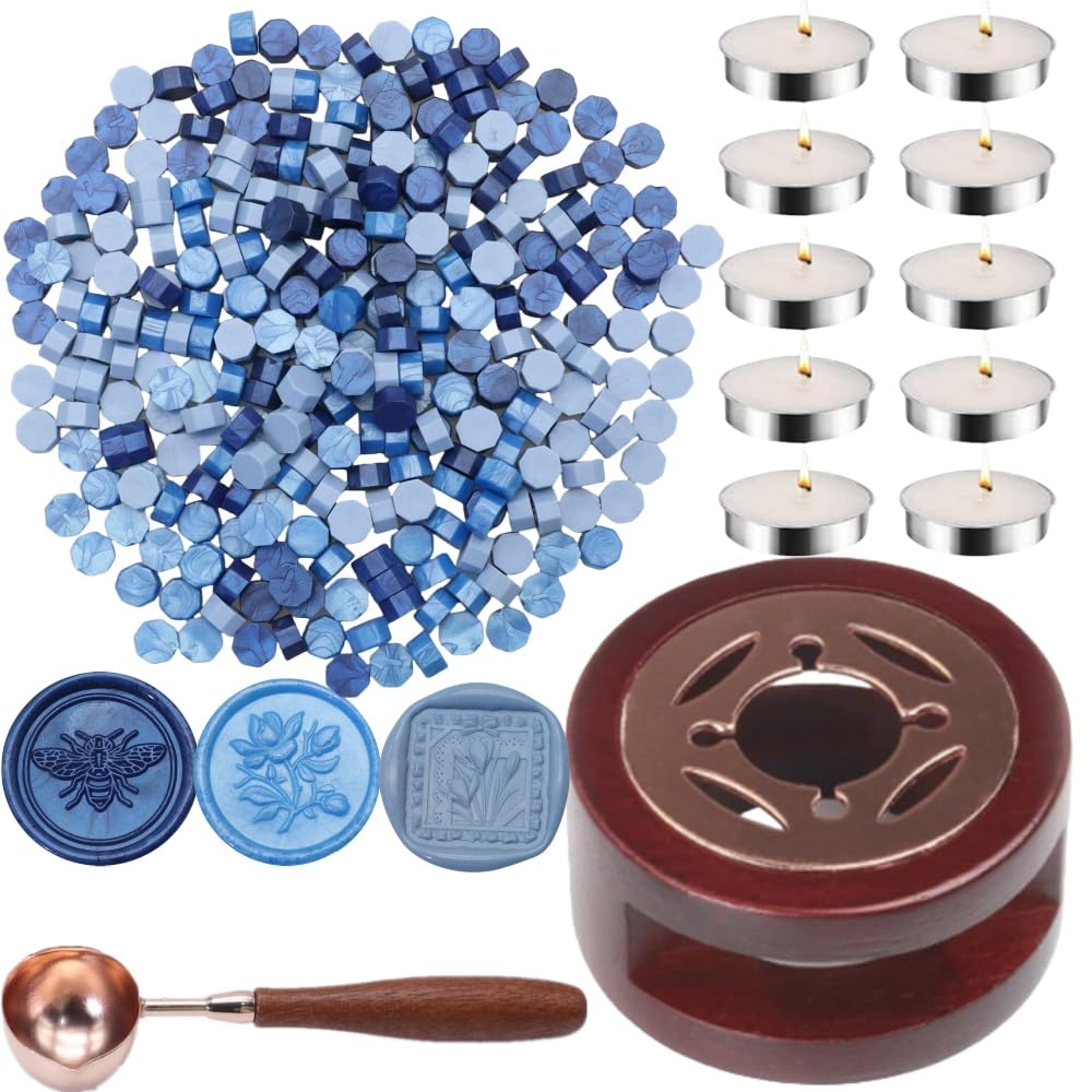 Sealing Wax Beads Kit, Atopbb 300pcs Mixed Blue Color Wax Seal Beads, 1pcs Wooden Wax Seal Warmer, 1pcs Melted Spoon and 10pcs Tea Candles for Wax Sealing Stamp Kit (300, Mixed Blue)