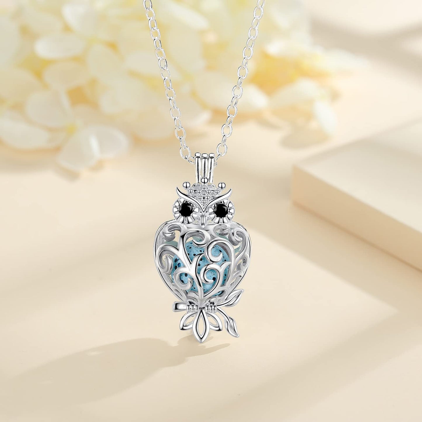 INFUSEU Owl Necklaces for Women Aromatherapy Essential Oil Diffuser Jewelry Lava Rock Stone Pendant Spiritual Animal Items Unique Aroma Perfume Gifts for Owl Lovers Meditation Yoga