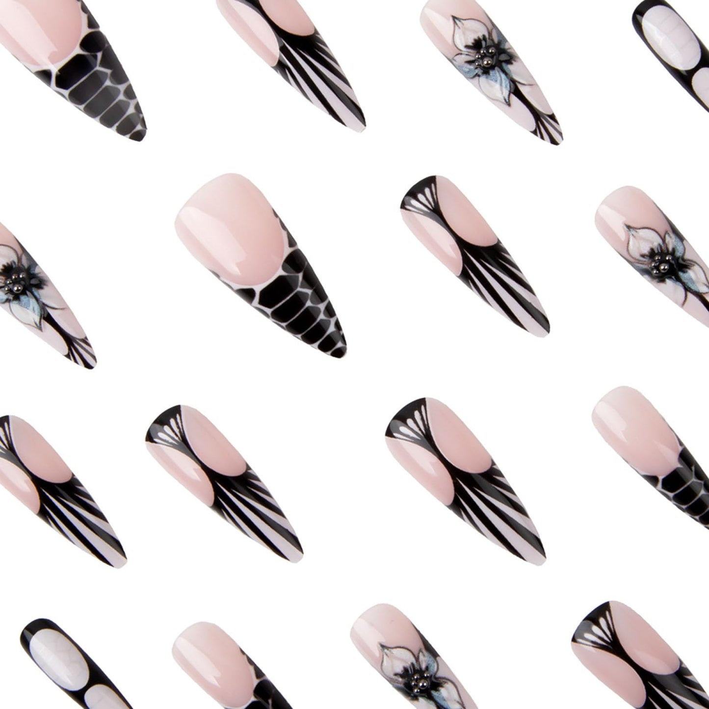 IMRAIN Press on Nails - Long Stiletto Fake Nails, Black French Tips False Nails with Flower Designs, Full Cover Acrylic Gel Glue on Nails