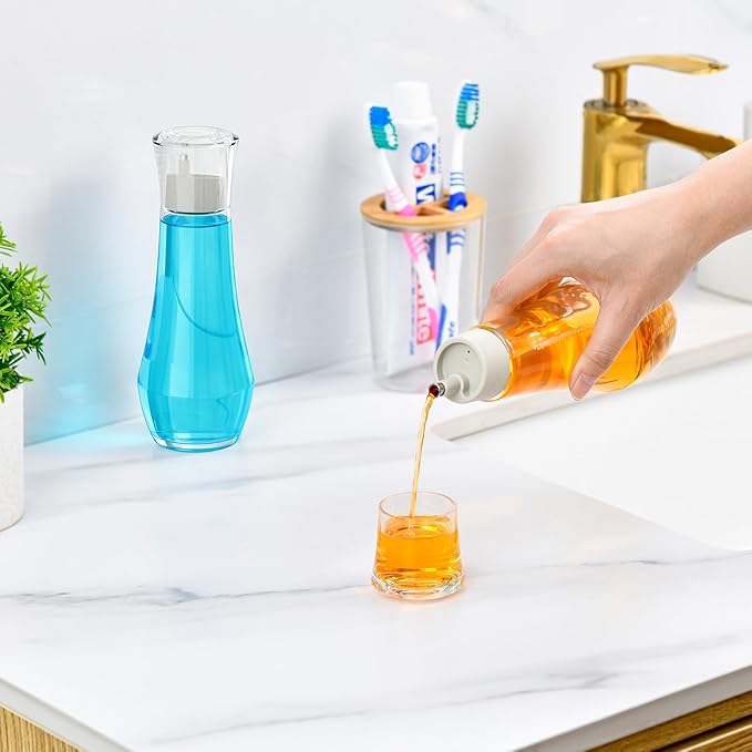 VITVITI Glass Mouthwash Dispenser for Bathroom, 8.8OZ Mouth Wash Container Bottle with Lid Cup, Small Clear Refillable Mouthwash Dispenser Decanter for Countertop, Set of 2