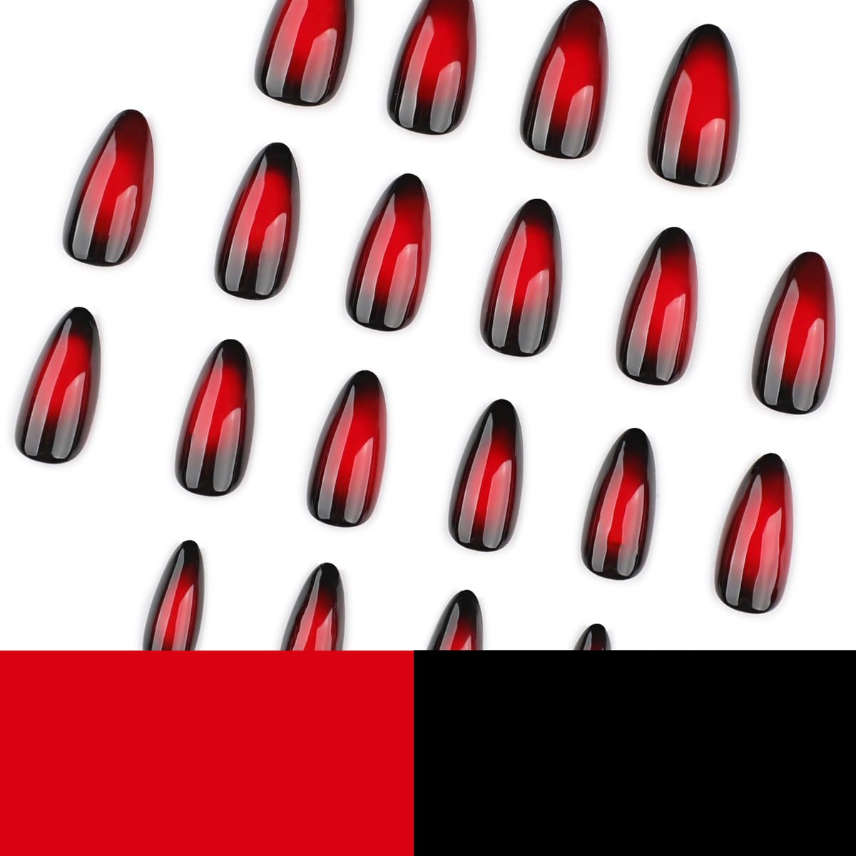 Red Black Ombre Press on Nails Medium Almond Fake Nails Sassy False Nails Full Cover Glossy Acrylic Nails for Women 24PCS