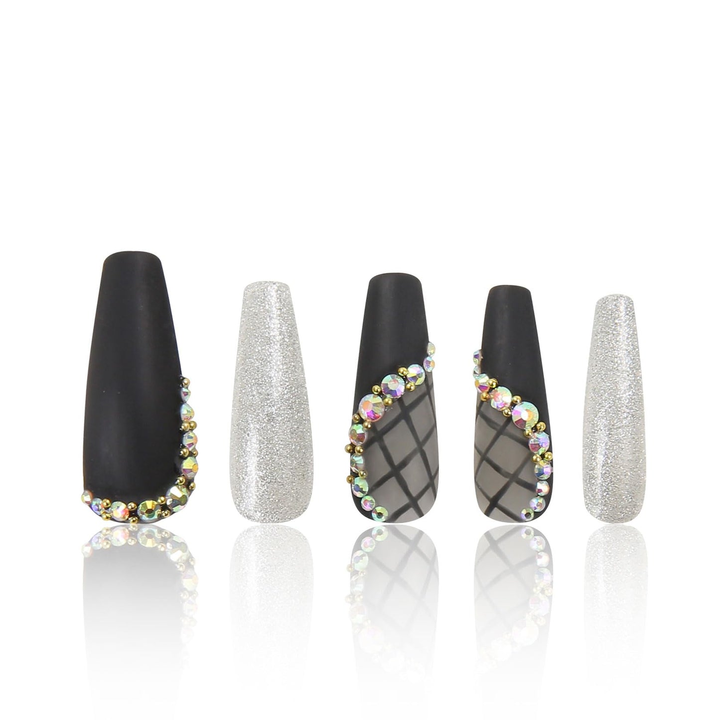 LOVFUL Press on Nails Black Lace | Handmade with Full Covered Crystals | Reusable Full Cover Nails | Coffin Classic Regular 1.3 in | H114-L