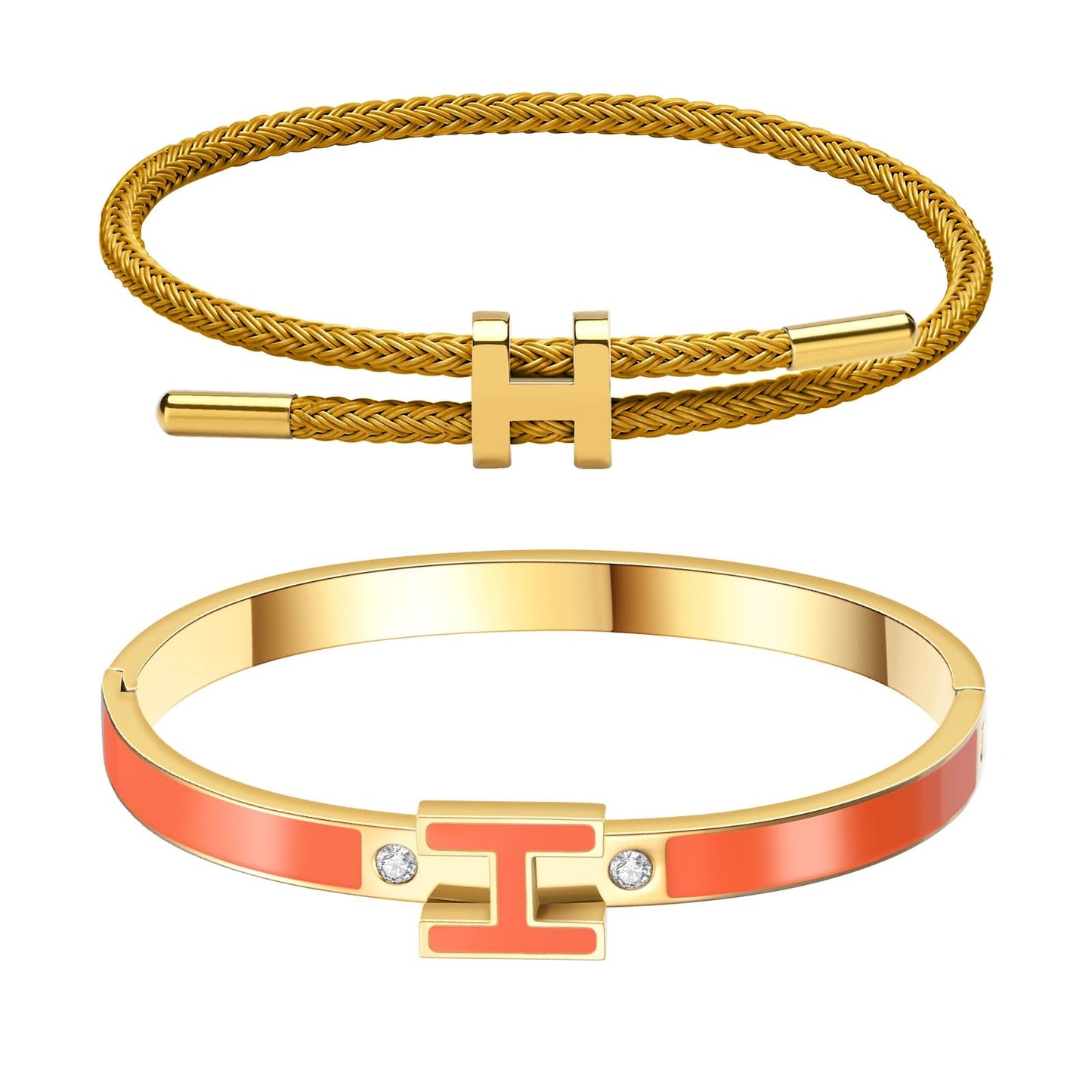 Hothink H Bracelets for Women,H Bangle and H Wire Rope Bracelet Set,Dainty 18K Gold Plated Bracelets Set for Christmas Mothers Day Gifts for Women (Gold-Orange)