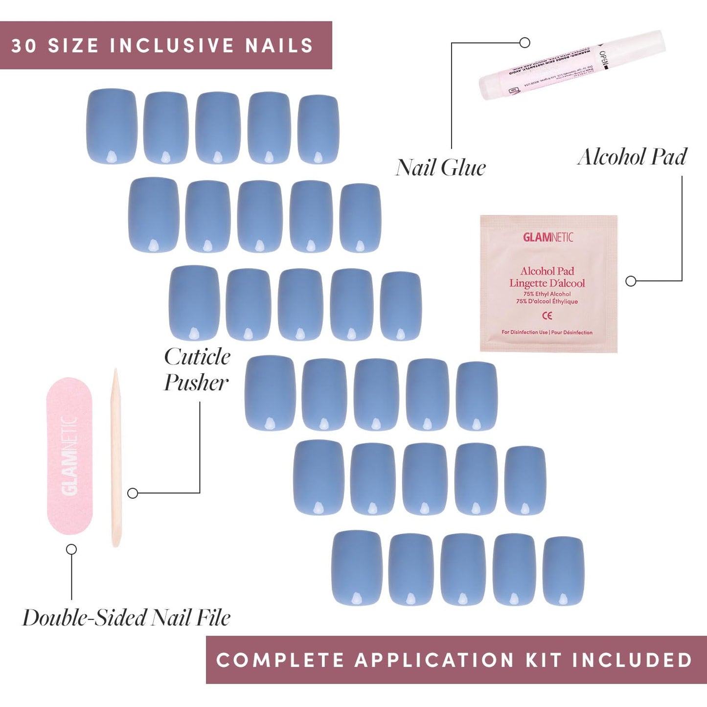 Glamnetic Press-On Nails - Cashmere Blue | Opaque Soft Blue Short Squoval False Nails | 15 Sizes - 30 Nail Kit with Glue and Remover