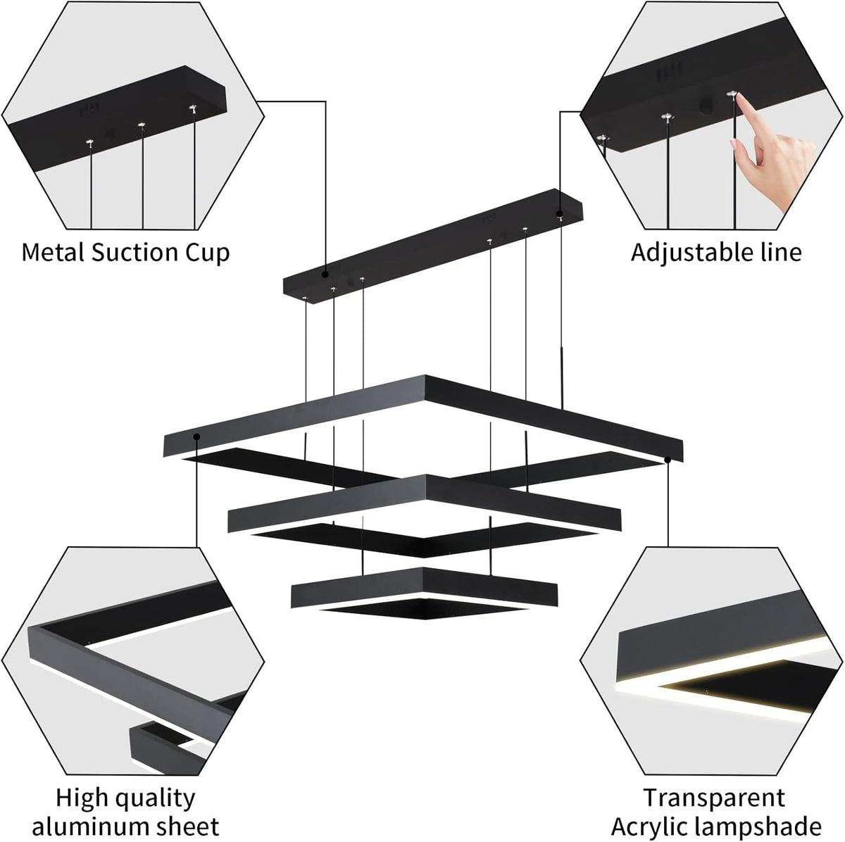 Modern LED Square Chandelier, 3 Ring Dimmable for Living, Dining, Bedroom & Foyer - High Ceiling Hanging LED Pendant Light Fixture (Black)