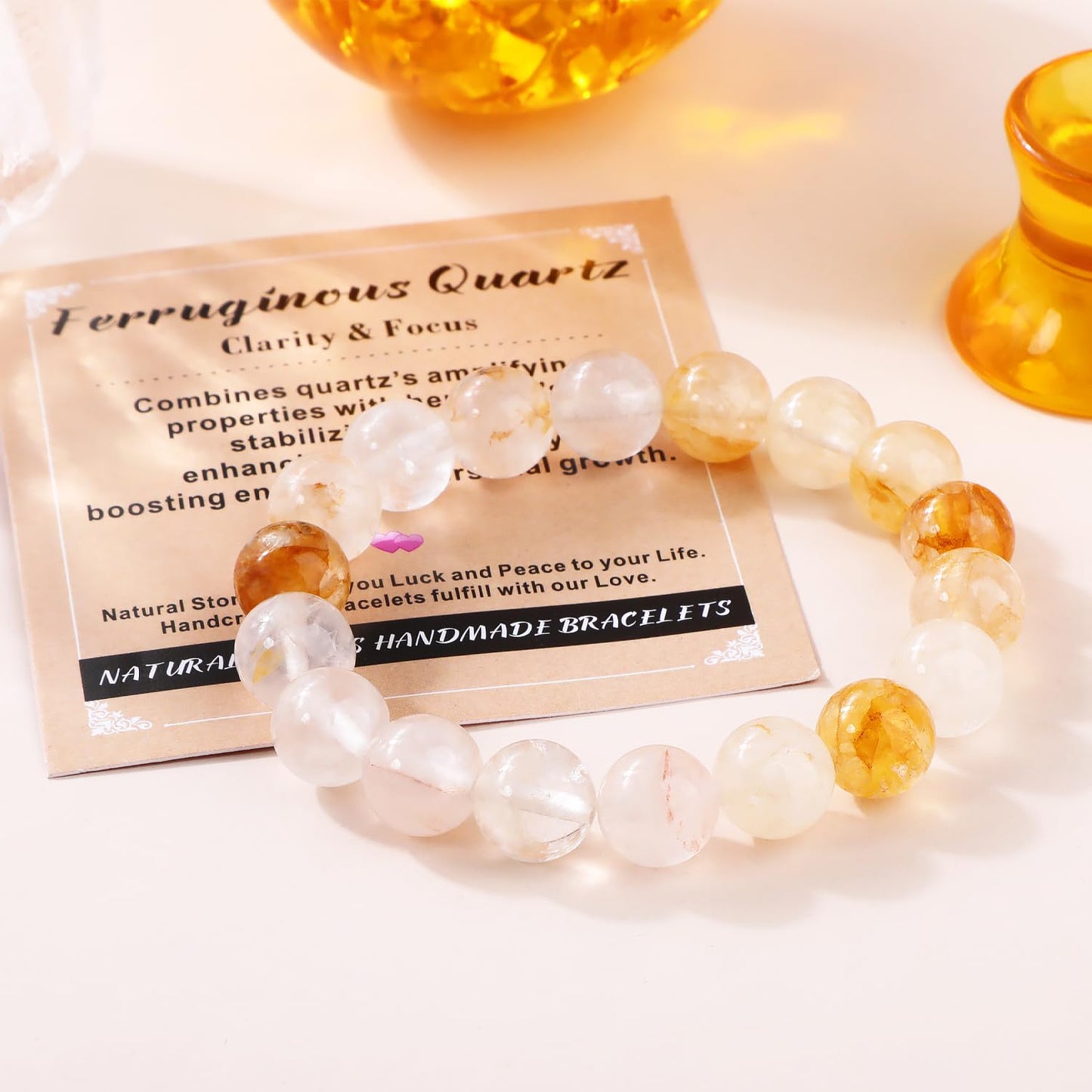 AD Beads 8mm Handmade Ferruginous Quartz Elastic Bracelet – Natural Gemstone for Clarity & Focus – Meditation, Yoga, Healing and Energy Gift for Men Women