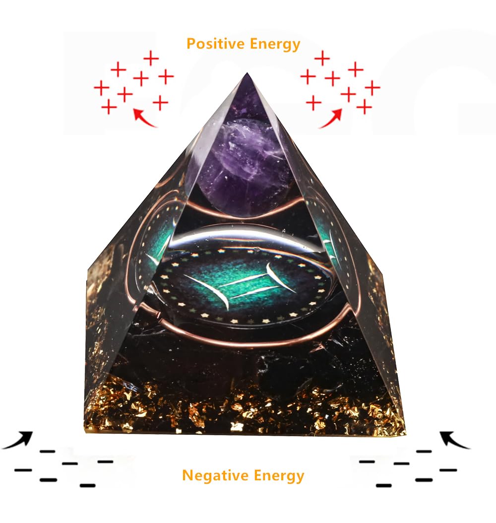 12 Zodiac Orgone Crystal Pyramid, Natural Amethyst with Obsidian,Healing Crystals Pyramid for Protection Chakra, Unique Constellation Pyramid for Positive Energy, Healing Money Health(Gemini)