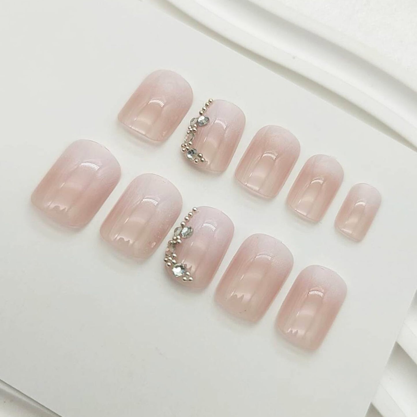 Gradient Press on Nails Short Square Fake Nails with Rhinestones Bead Ombre Designs Pink Nails Press ons White Glue on Nails Glossy False Nails Cute Stick on Nails for Women 24Pcs