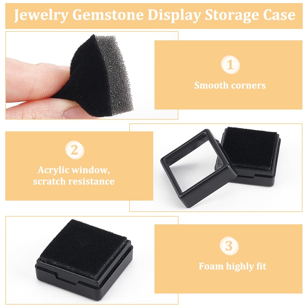 BENECREAT 70 Pack Black Gemstone Display Box, 1.16x1.16x0.63Inch Plastic Square Jewelry Storage Box with Clear Top Lids