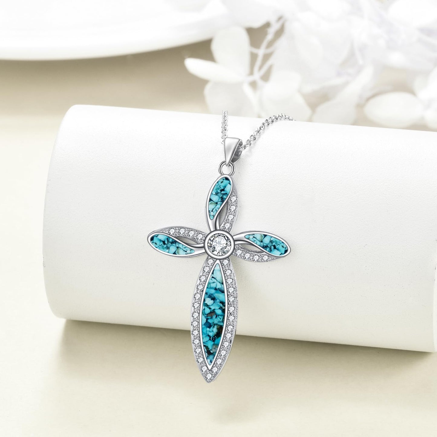 ONEFINITY Religious Cross Pendant Necklace 925 Sterling Silver Turquoise Cross Pendant Gifts for Women Jewellery