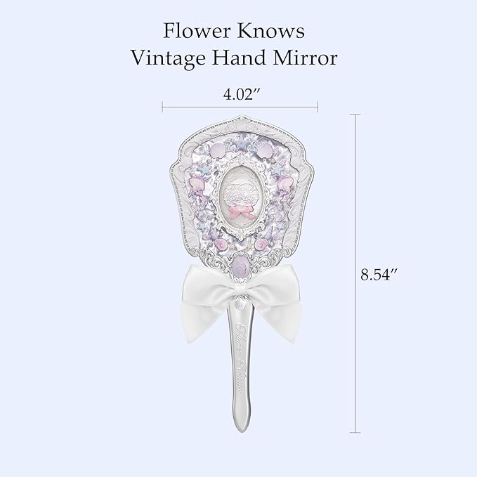 Flower Knows Shell's Jewel Hand Mirror,Vintage Portable Handheld Mirror,Fancy & Pretty Princess Mirror with Long Handle,Gift for Girls(Pearly White)