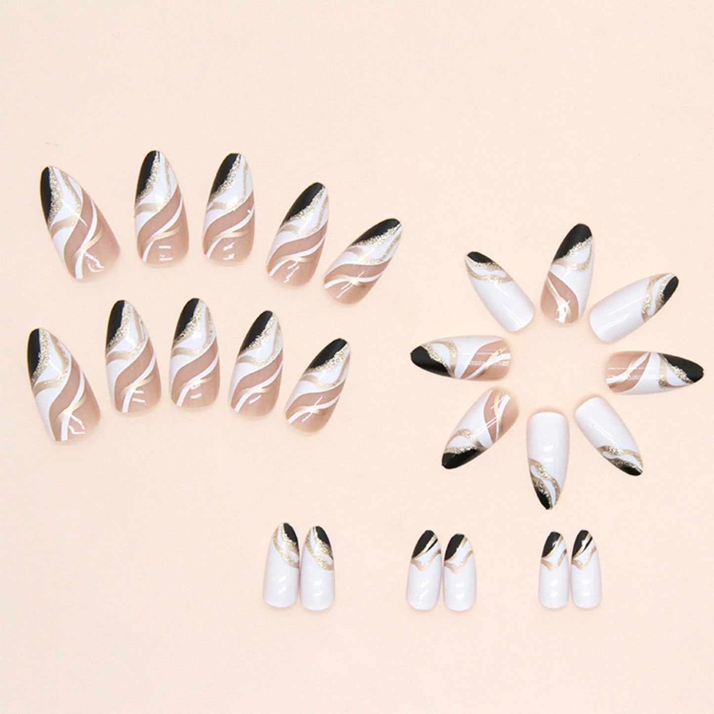 Almond Press on Nails Medium Fake Nails White False Nails Press ons with Designs White Black Glue on Nails Glossy Full Cover Acrylic Artificial Stick on Nail for Women Decorations 24Pcs