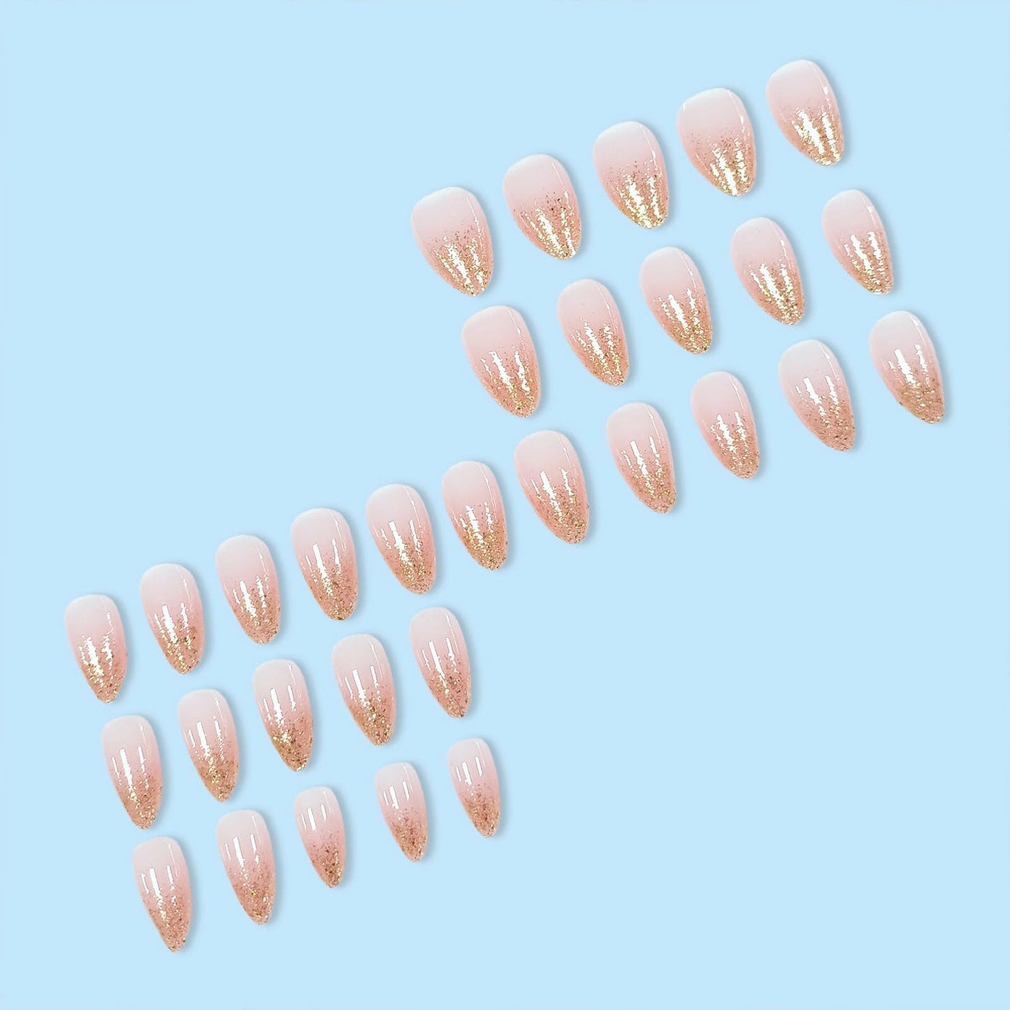 MISUD Press on Nails - Short Almond Fake Nails with Nude Pink, Acrylic Bling Gold Glitter Design 30 pcs