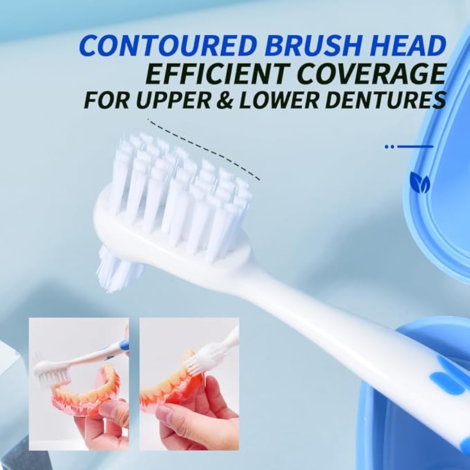 Y-Kelin Denture Brush Hard Bristles, Denture Toothbrush with Dual Head & Rubber Handle Non-Slip (Red+Blue, 2 Pcs)