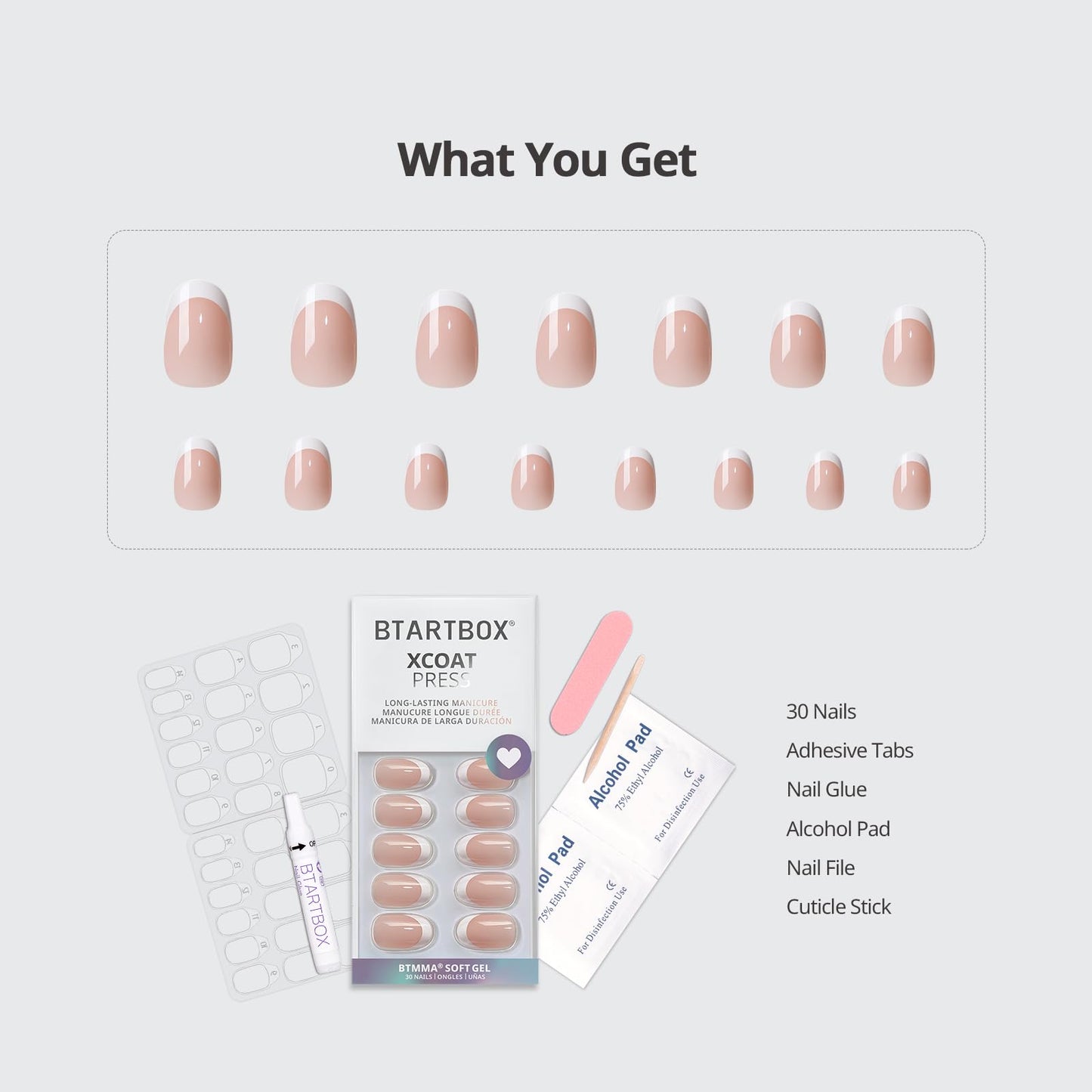 BTArtbox Press On Nails Short - Lamp-Curable Oval White French Tips Press On Nails with Glue for Women, Semi-Transparent Soft Gel Glue On Nails in 15 Sizes - 30 Stick On Nails Kit, Chic Twins