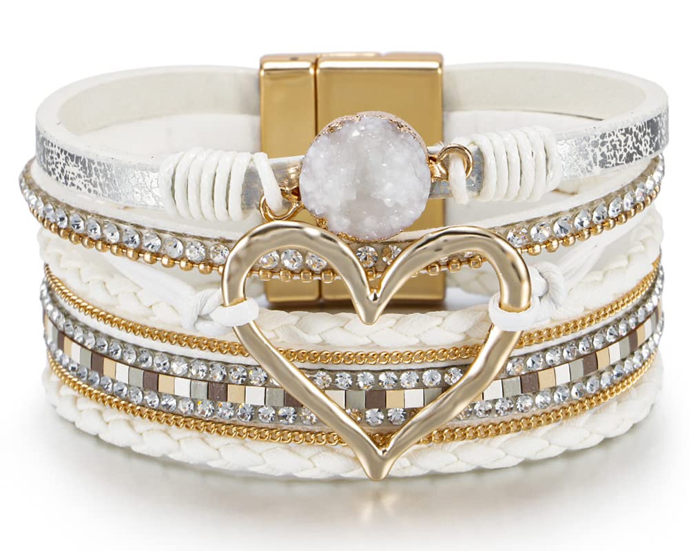 Leopard Bracelet for Women, Boho Leather Wrap Multi-Layer Pearl Crystal Bracelet Bangle Jewelry (Heart Leather(White))