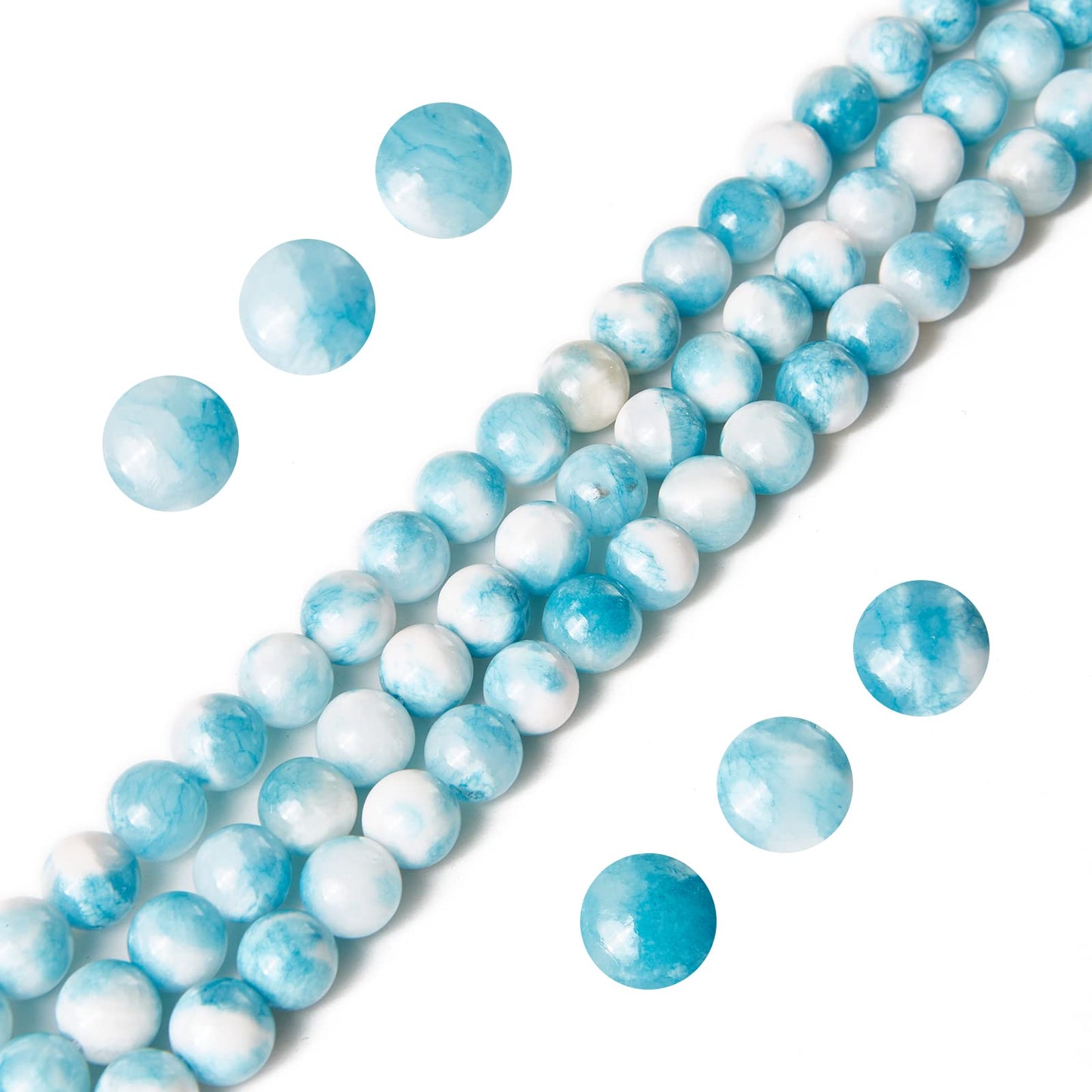60pcs 6mm Blue White Jade Beads Natural Gemstone Beads Round Loose Beads for Jewelry Making