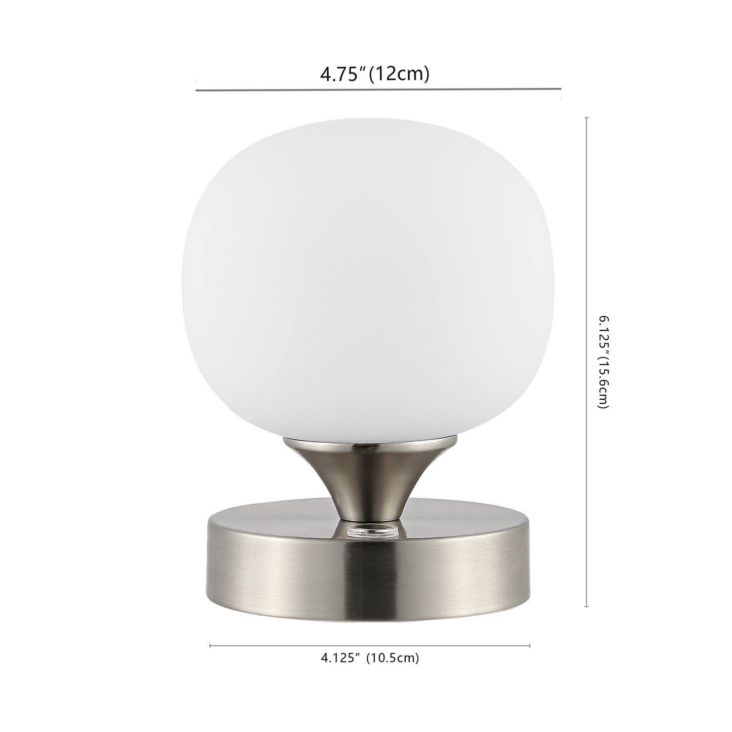 JONATHAN Y 6.13" Nickel/White Modern Cordless Rechargeable LED Table Lamp, Frosted White Glass Shade, Touch Dimmable Mini Accent Light for Bar, Bedroom, Nightstand (JYL7112B)