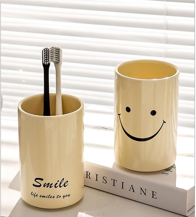 Smiley Face Ceramic Toothbrush Cup - Creative Smile Design, Practical Bathroom Cup, Perfect for Home, Dorm, or Gifts (Yellow & A)