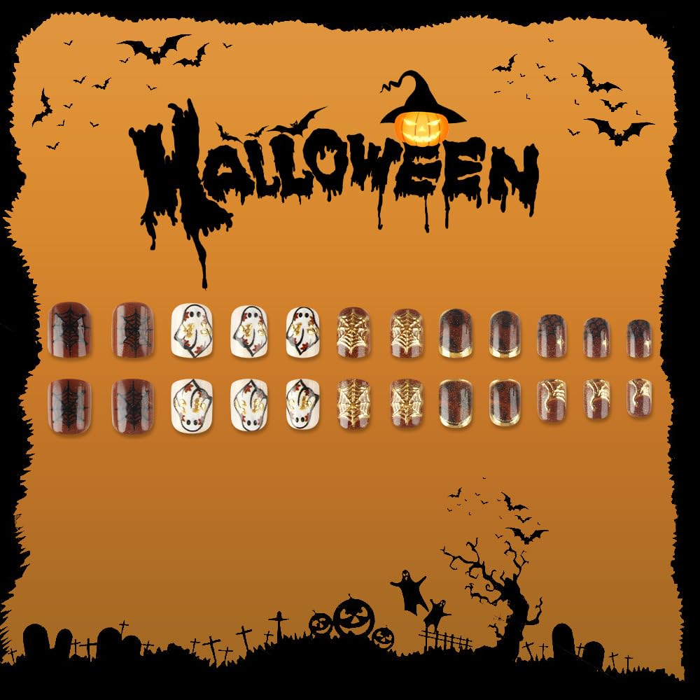 Press on Nails Halloween Short Square Fake Nails Fall Brown Ghost False Nail with Gold Cobweb Designs Full Cover Halloween Glue on Nails Reusable Acrylic Nail for Women 24Pcs