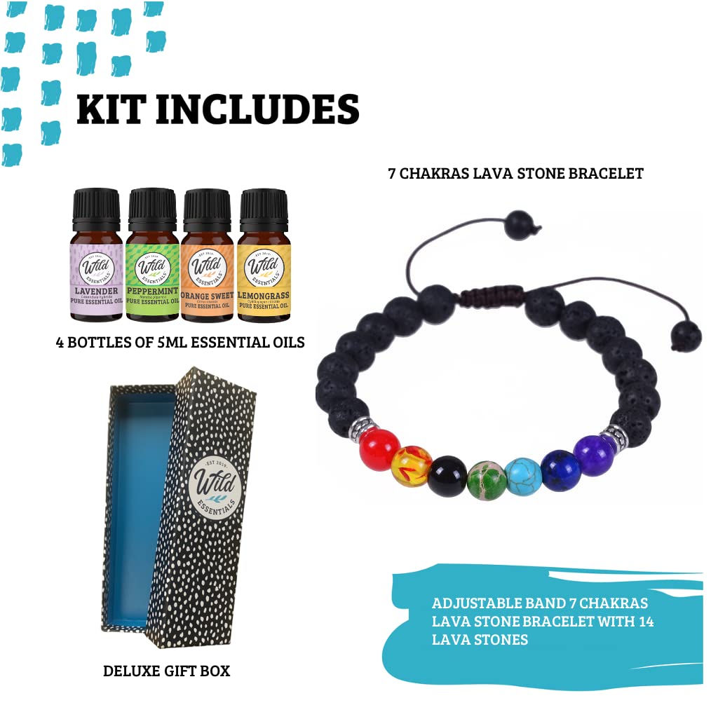 Wild Essentials 7 Chakras Lava Stone Essential Oil Diffuser Bracelet, Adjustable, Aromatherapy Jewelry Gift Set and 100% Pure Oils (Lavender, Lemongrass, Orange and Peppermint)