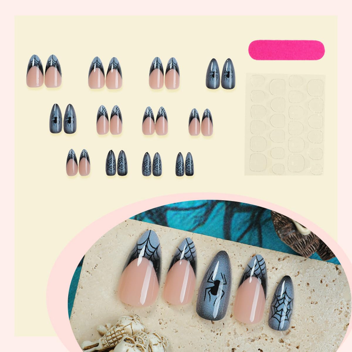 Halloween Press on Nails Almond Fake Nails Gothic French Tip False Nails Press ons with Spider Web Designs Dark Bule Reusable Artificial Nail Full Cover Stick on Nails for Women Manicure 24Pcs