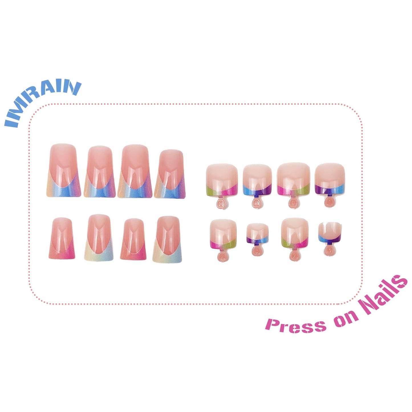 IMRAIN 48Pcs Press on Toe Nails Short Fake Toenails & Medium Duck False Nails with Colorful French Tip Design Glossy Glue on Toe Nails Summer Acrylic Manicure Toenail Press on Nails